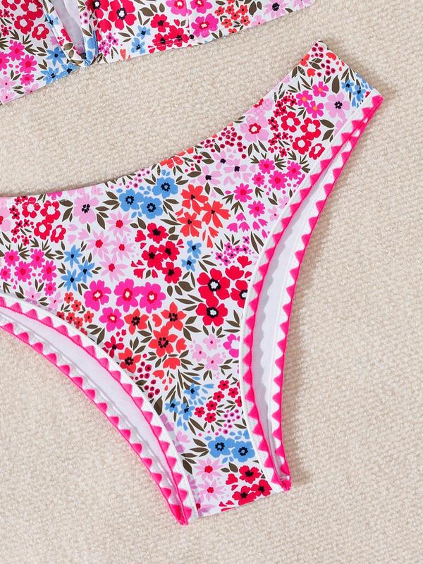 Two-Piece Set Women's Floral Print Contrast Binding Bikini Set, Boho Adjustable Strap V-Cut Swim Top & Swim Bottom, Ladies Summer Swimwear for Beach Holiday Vacation