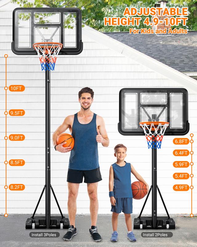 Portable Adjustable Basketball Hoop - 4.9-10ft Height, Durable Base, 44