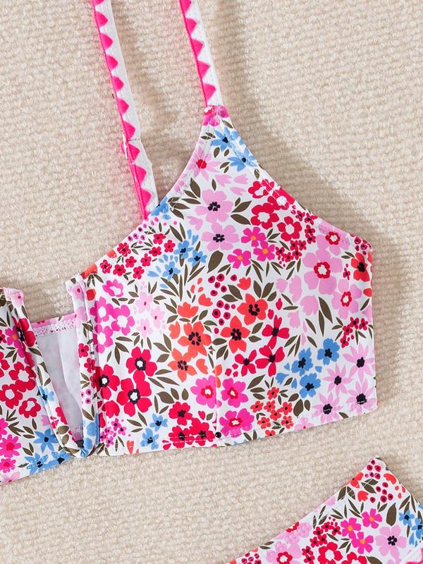 Two-Piece Set Women's Floral Print Contrast Binding Bikini Set, Boho Adjustable Strap V-Cut Swim Top & Swim Bottom, Ladies Summer Swimwear for Beach Holiday Vacation