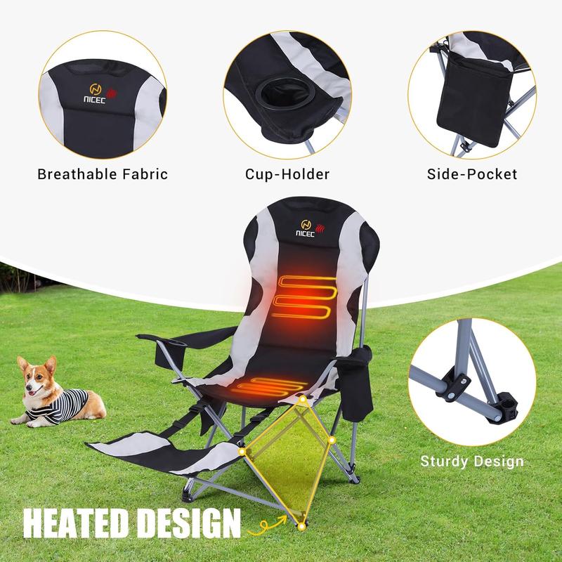 Heated Camping Chair Outdoor Folding Chair, Detachable Foot-Rest, Beach Chair, Carry Bag, Cupholder & Side Pockets, 10000mAh