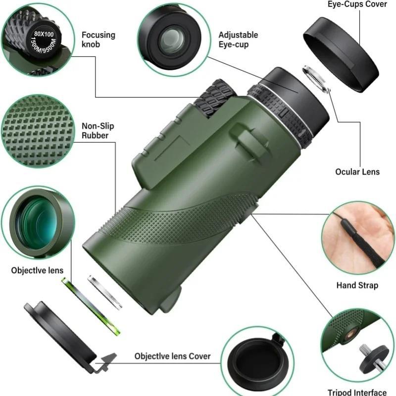 80X100 High Power Monocular Telescope, Portable Zoom HD Foldable Long Distance Mini Telescope, HD Lightweight Compact Telescope for Bird Watching Travel Outdoor Camping