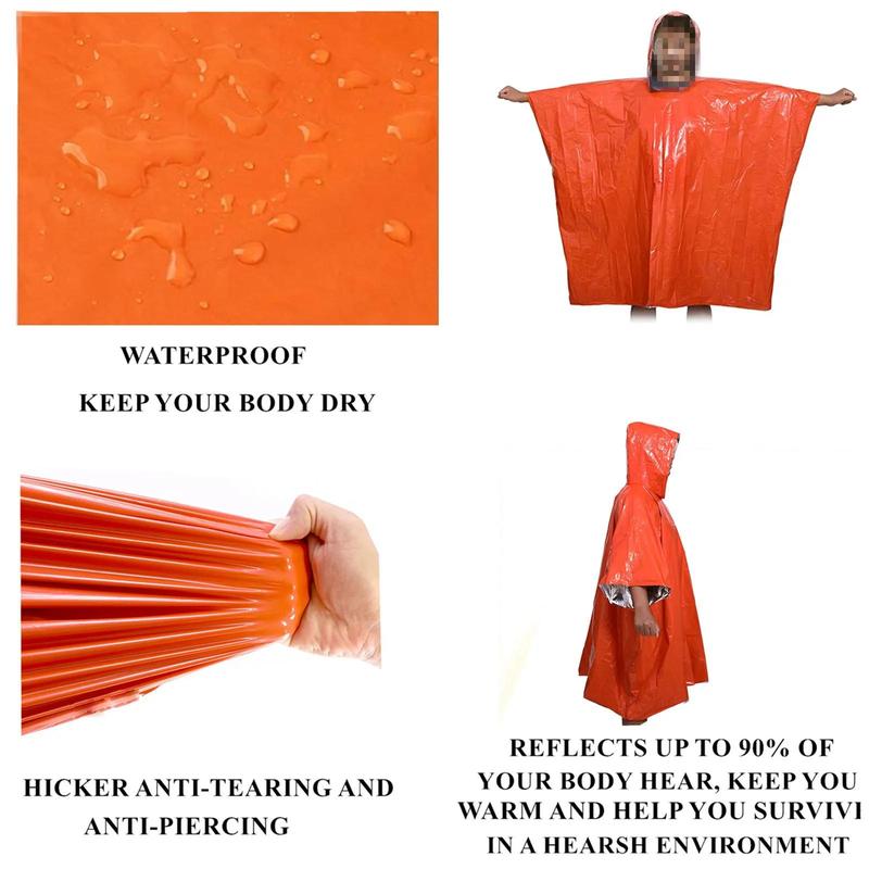 Emergency Survival Rain Poncho, Thermal Survival Space Blanket, Heat Reflective Waterproof Raincoat for Camping Hiking