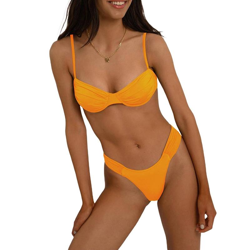 Women Swim Bikini Suit, Solid Color Pleated Sleeveless Bra+ Shorts Briefs Swimwear Swimsuit