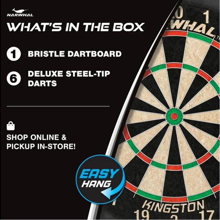 Narwhal Kingston Official Size Bristle Dartboard with 6 Steel Tip Darts