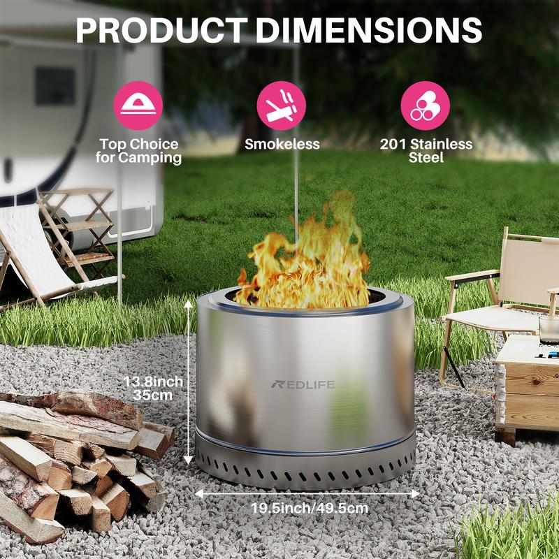 Redlife 19.5 inch Stainless Steel Smokeless Fire Pit, Outdoor Smokeless Firepit with Carry Bag, Wood Burning Fire Pits for Camping, Bonfire