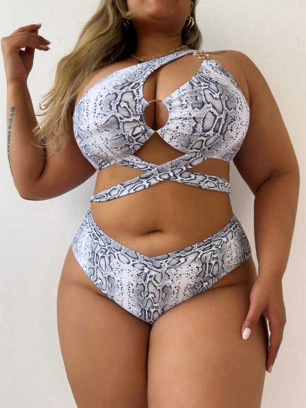 Plus Size Snakeskin Print O-ring Detail Bikini Set, Casual One Shoulder Swim Bra & Overlap Waist Swim Panty Set, Women's Swimwear for Beach Holiday