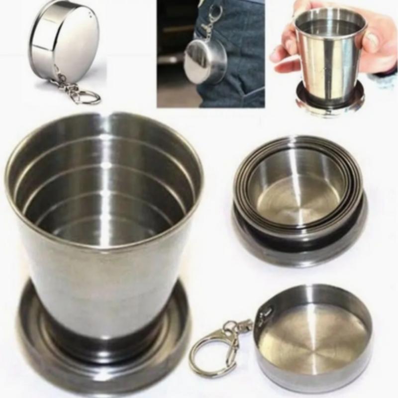 Portable Mini Folding Cup, 1 Count Stainless Steel Cup with Lid & Keychain, Outdoor Camping & Hiking Cup, Camp Kitchen Supplies