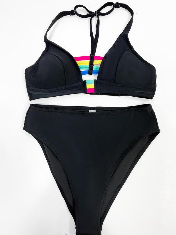 Two-piece Set LGBTQ + Women's Plain Rainbow Straps Bikini Set, Fashion Chic Cut Out Backless Bikini Top & High Waist Bikini Bottom, Bathing Suits Women, Swimsuits 2024 Women, Swimsuit for Women Back To School