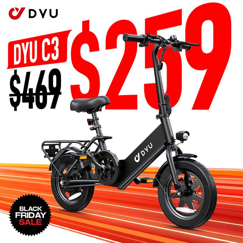 DYU e-Bike 14-inch adult folding, 30+ miles, top speed 25 km h e-bike, 36V7.5Ah high energy battery, front and rear disc brake design LED display portable e-scooter, can carry 2-person e-bike