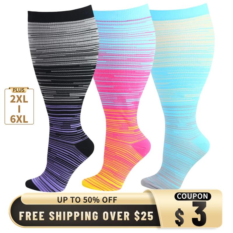 ISUNIE Plus Size Compression Socks Stripe Extra Wide Calf Women&Men for Running Climbing Hiking,Christmas