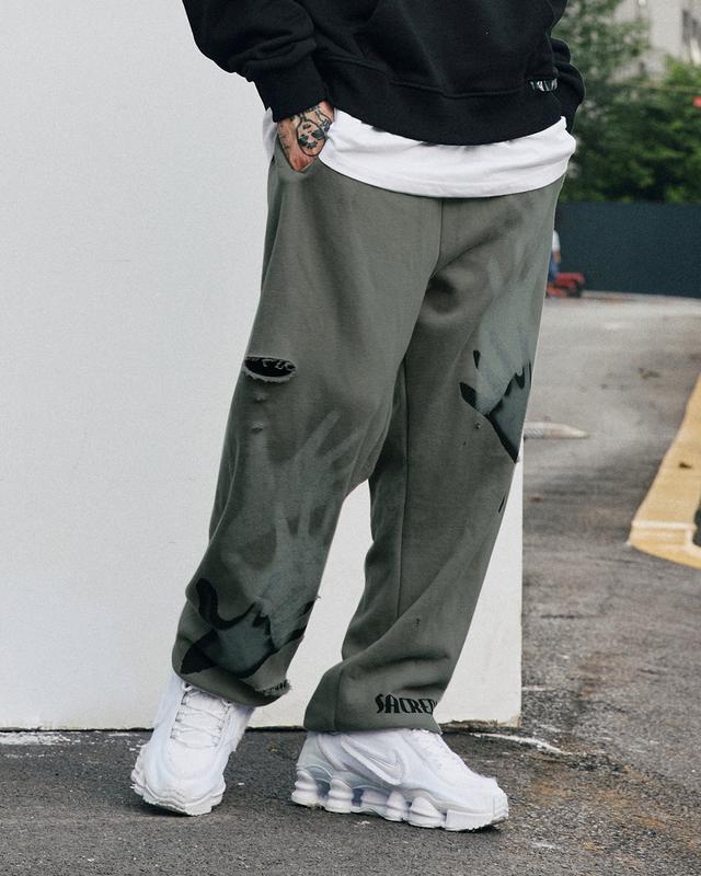 Niepce Streetwear Ripped Sweatpants Grey Green Ghost Hands Graphic Jogger Pants