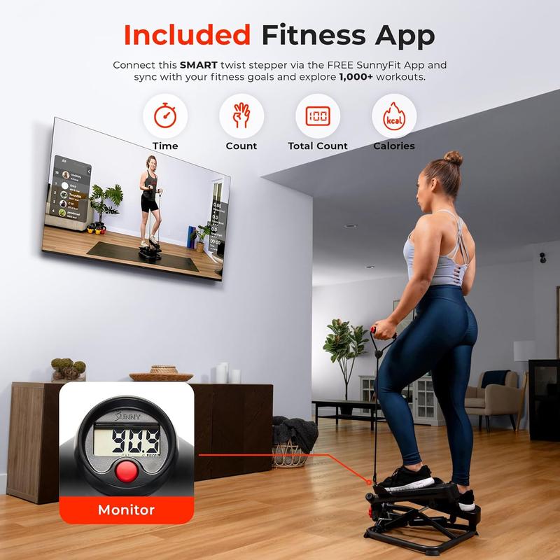 A Sunny Health & Fitness Advanced Twist Stepper Machine Workout Cardio Mini Stair Master Climber Thigh Space Twist Stepper Resistance Band w Optional Free SunnyFit App Enhanced Bluetooth Connectivity