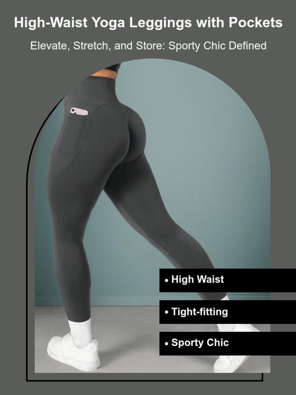 Women's Solid High Waist Pocket Sports Leggings, Gym Clothes, Fall Outfits, Sporty Comfy Breathable Skinny Tummy Control Pants for Yoga Gym Workout Running, Ladies Sportswear for Fall Black Girl Outfits