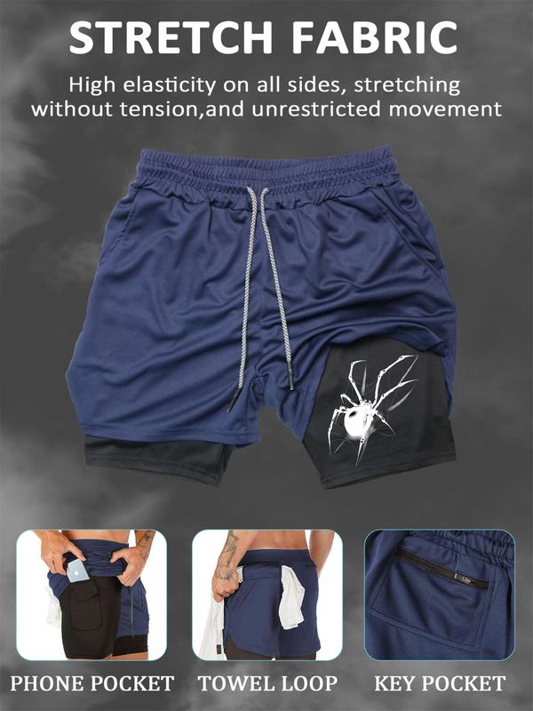 Men's Regular Fit 2 in 1 Spider Print Drawstring Sports Shorts, Gym Shorts, Casual Pocket Elastic Waist Track Shorts, Sport & Outdoor Clothing for Men