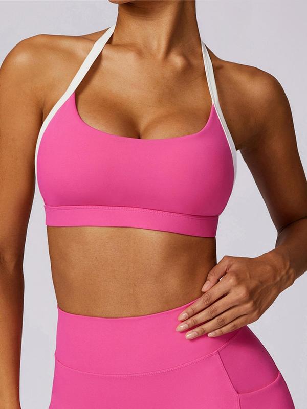 Women's Colorblock Halter Neck Sports Bra, Sporty Backless Push Up Sports Bra, Summer Clothes Women, Ladies Sportswear for Indoor Outdoor Wear