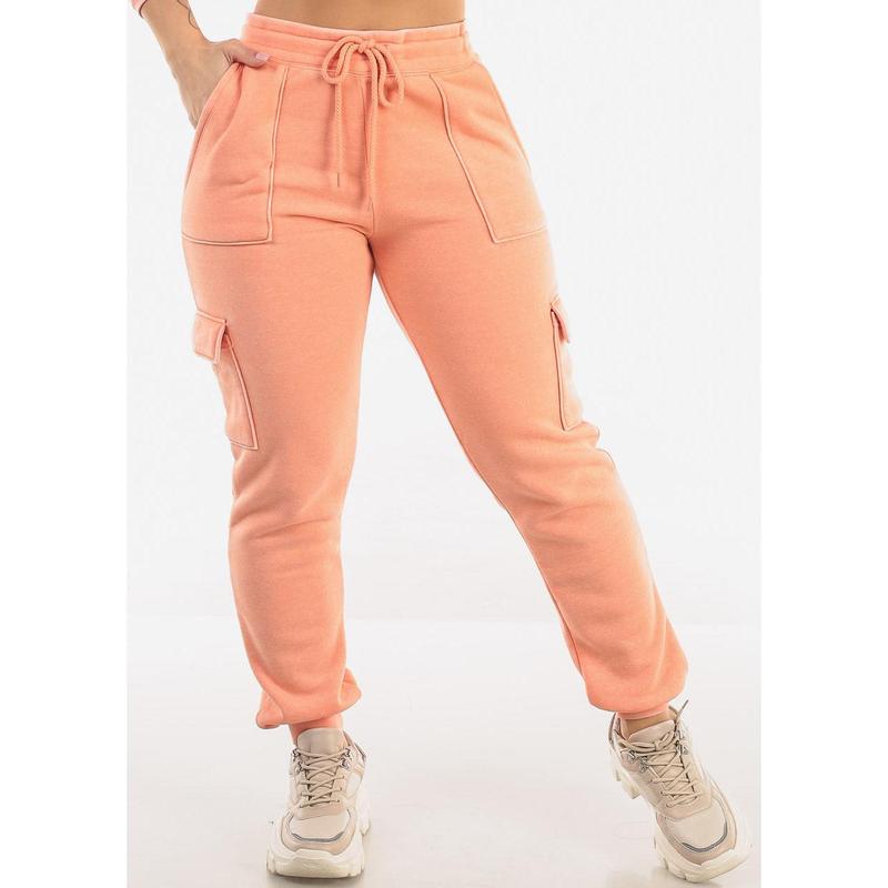 High Drawstring Waist Fleece Cargo Jogger Pants Orange