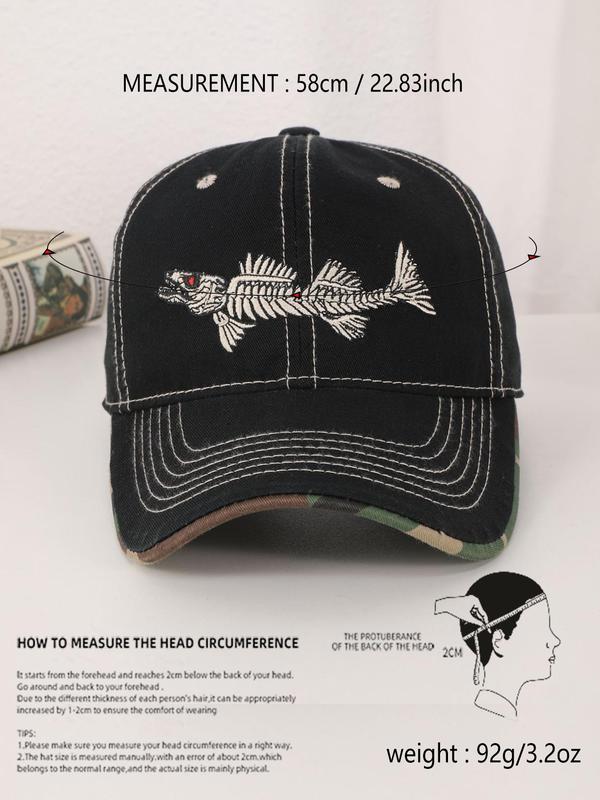 Unisex Street Style Fish Bone Embroidered Baseball Cap, Casual Trendy Baseball Hat, Fashionable All-match Accessories for Men & Women for All Season