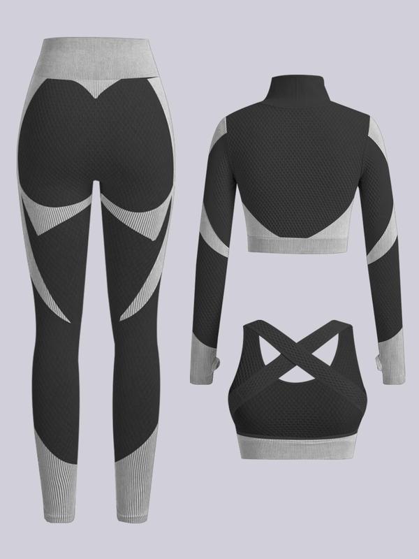 Three-Piece Set Women's Colorblock Zipper Crop Top & High Waist Leggings & Bra Set, High Stretch Seamless Shapewear Set, Tummy Control Shapewear Set for Women Shaper Clothes