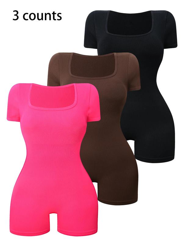 Women's Solid Square Neck Sports Romper, High Stretch Seamless Romper for Yoga Fitness Running, Ladies Sportswear for All Seasons, Tummy Control