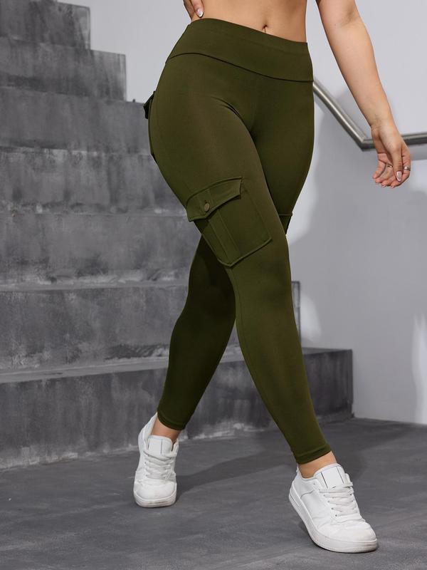 Women's Solid High Waist Pocket Sports Leggings, Sporty Comfy Breathable Skinny Pants for Yoga Gym Workout Running, Ladies Sportswear for All Seasons