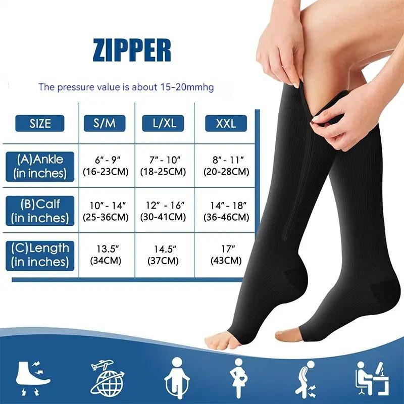 Zipper Compression Socks, 1 Pair Solid Color High Knee Socks, Breathable Comfortable Sports Protective Socks for Running Jogging Cycling