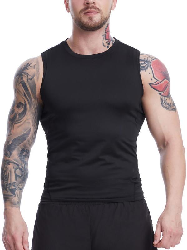 Men's Solid Round Neck Top-Stitching Sports Vest, Quick Drying Breathable Crew Neck Sleeveless Tank Top for Basketball Running Gym Workout, Casual Sporty Top for Summer