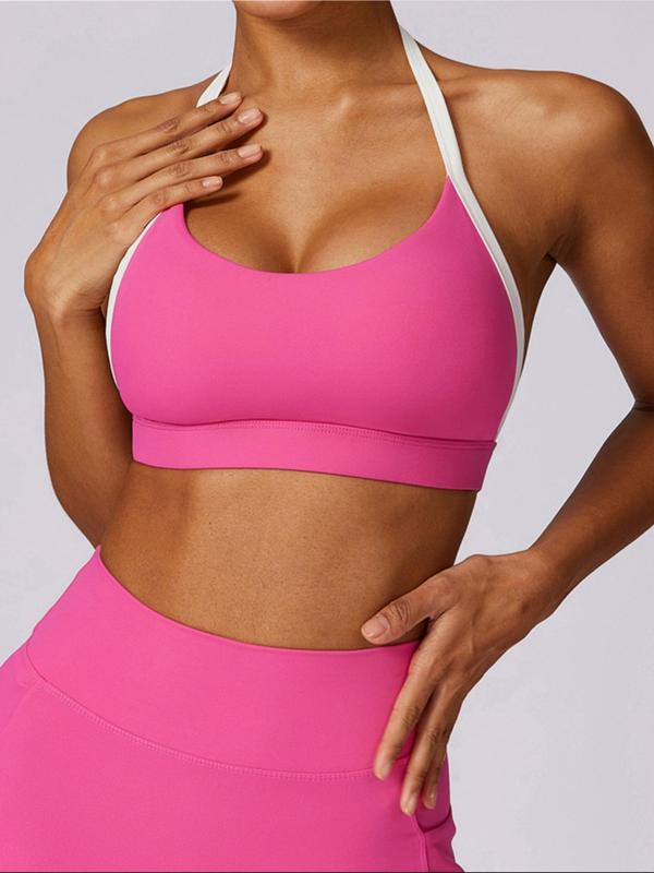 Women's Colorblock Halter Neck Sports Bra, Sporty Backless Push Up Sports Bra, Summer Clothes Women, Ladies Sportswear for Indoor Outdoor Wear