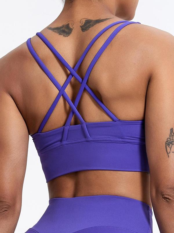 Women's Solid Criss Cross Wireless Sports Bra, Breathable Comfortable Sports Lingerie Top for Yoga Workout, Ladies Sportswear for Indoor Outdoor Wear