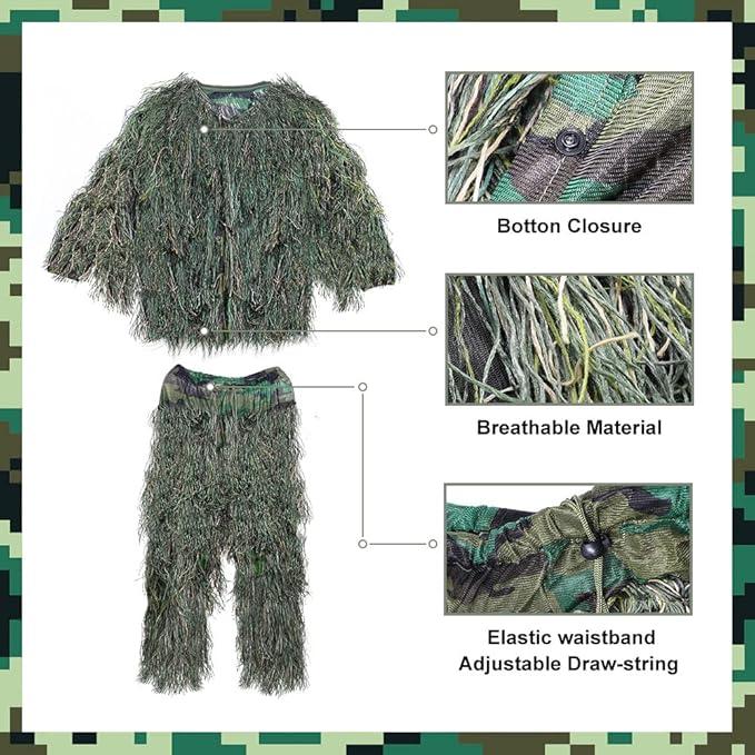 5in1 Kids Ghillie Suit, 3D Kid Camo Hunting Clothes Youth