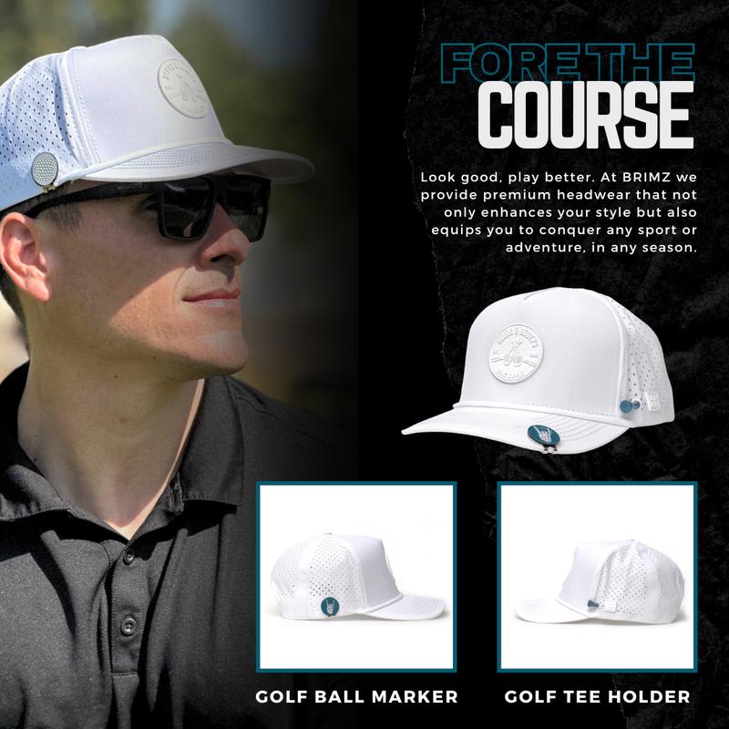 BRIMZ Golf Performance Hat - Breathable Sweat & Water Resistant Golfing Snapback Cap with Tee Holder & Magnetic Ball Marker (White - Beers & Bogeys)