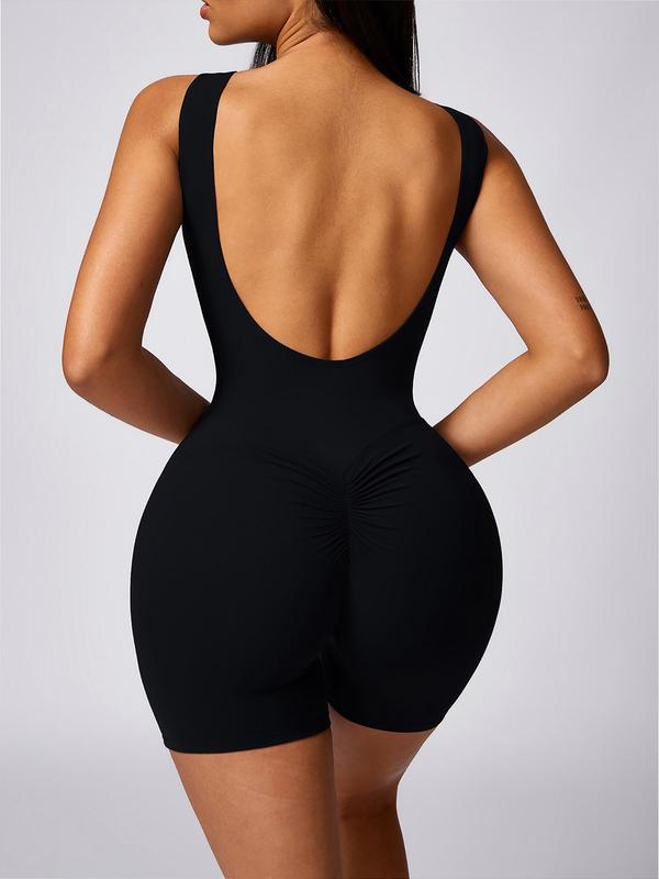 Women's Solid Backless Ruched Sports Tummy Control Romper, Sporty Comfy Sleeveless Round Neck Bodycon Romper for Yoga Gym Workout, Minimalistic Ladies Fall Clothes