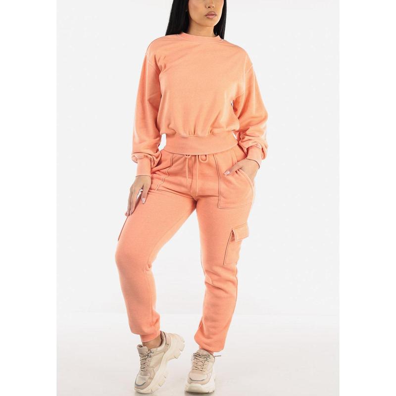 High Drawstring Waist Fleece Cargo Jogger Pants Orange