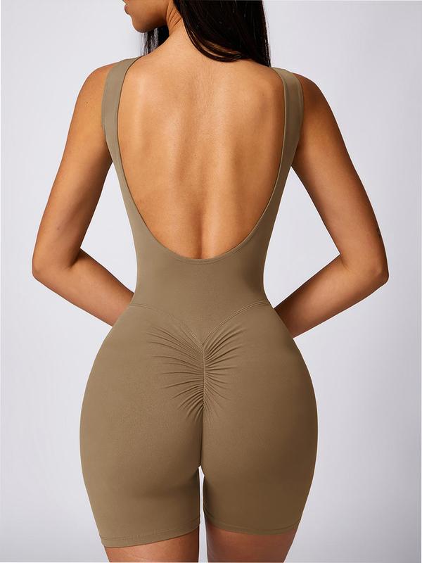 Women's Solid Backless Ruched Sports Tummy Control Romper, Sporty Comfy Sleeveless Round Neck Bodycon Romper for Yoga Gym Workout, Minimalistic Ladies Fall Clothes