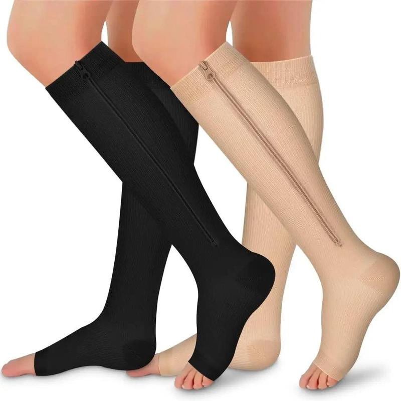 Zipper Compression Socks, 1 Pair Solid Color High Knee Socks, Breathable Comfortable Sports Protective Socks for Running Jogging Cycling