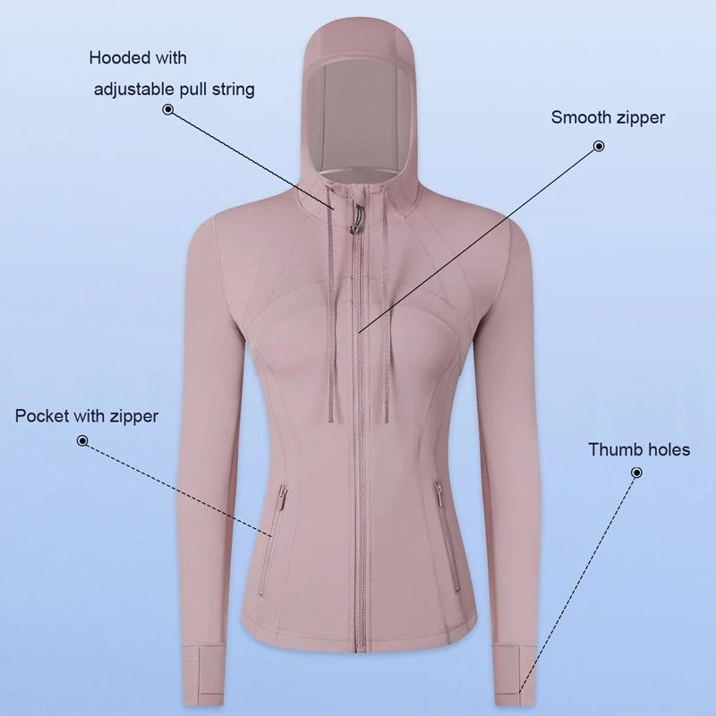 Women Define Jacket with Pockets Hooded Thumbholes Zipper Flex Slim Yoga Riding Running Exercise Sport Top