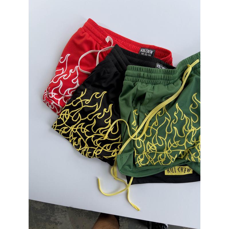 [Kill Crew] Muay Thai Shorts Flame - Green   Yellow, Unisex, Mid Thigh Cut, Pockets, Gym Shorts, Elastic Waistband, Long drawcord with wax tips