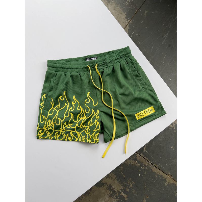 [Kill Crew] Muay Thai Shorts Flame - Green   Yellow, Unisex, Mid Thigh Cut, Pockets, Gym Shorts, Elastic Waistband, Long drawcord with wax tips