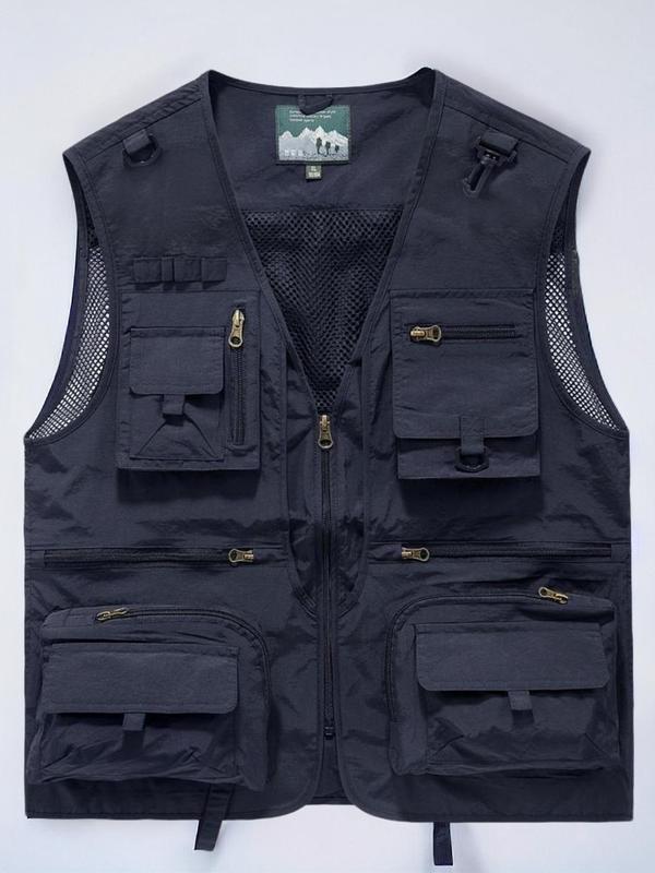 Men's Contrast Mesh Multi-Pocket Zipper Sports Vest, Summer Clothes Casual Regular Fit Breathable V Neck Sleeveless Waistcoat for Outdoor Cycling Fishing, Fashion Men's Sportswear