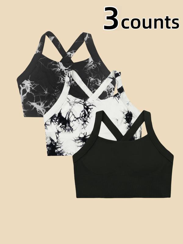 Women's Plain Tie Dye Print Criss Cross Backless Sports Bra, Sporty Casual Breathable Comfortable Crop Vest, Ladies Sportswear for Yoga Running