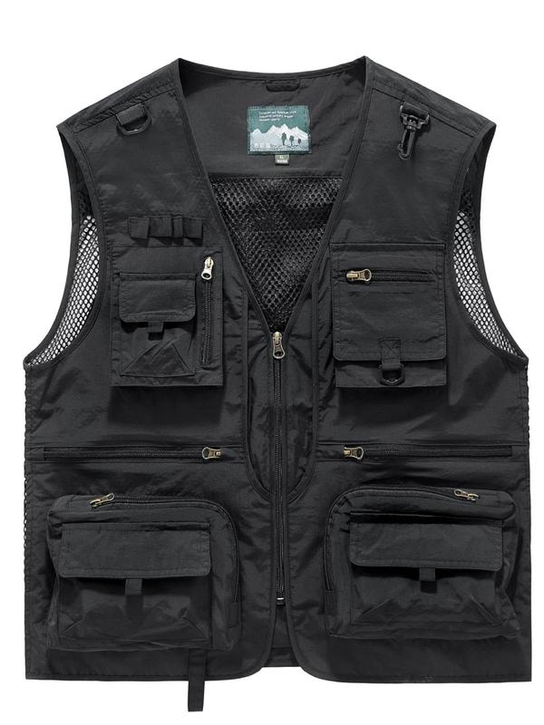 Men's Contrast Mesh Multi-Pocket Zipper Sports Vest, Summer Clothes Casual Regular Fit Breathable V Neck Sleeveless Waistcoat for Outdoor Cycling Fishing, Fashion Men's Sportswear