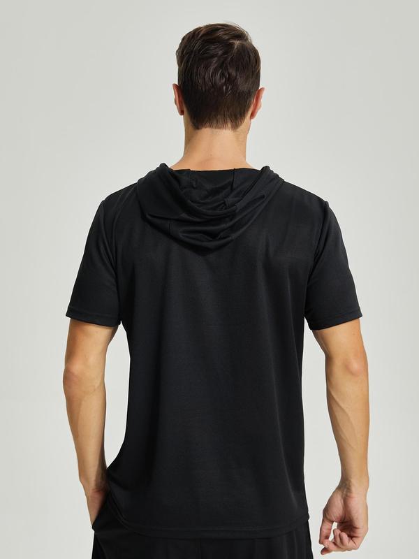 Men's Plain Drawstring Hooded Sports Tee, Sporty Breathable Short Sleeve T-shirt for Gym Workout Running, Compression Shirts, Gym Tops, Sportswear for Summer, Gym Clothing