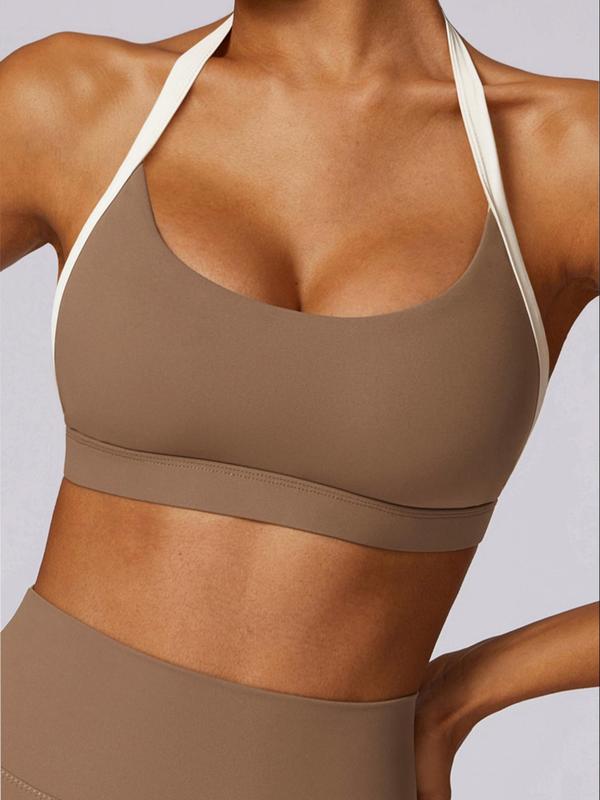 Women's Colorblock Halter Neck Sports Bra, Sporty Backless Push Up Sports Bra, Summer Clothes Women, Ladies Sportswear for Indoor Outdoor Wear