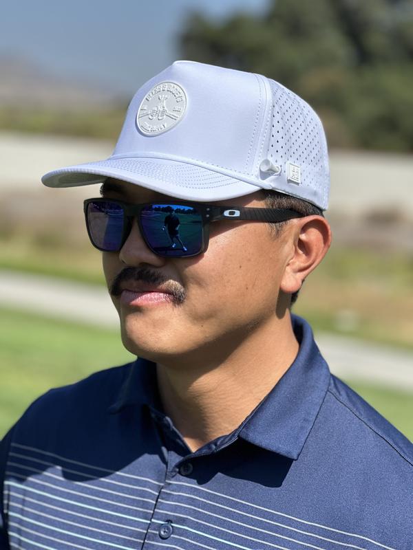 BRIMZ Golf Performance Hat - Breathable Sweat & Water Resistant Golfing Snapback Cap with Tee Holder & Magnetic Ball Marker (White - Beers & Bogeys)