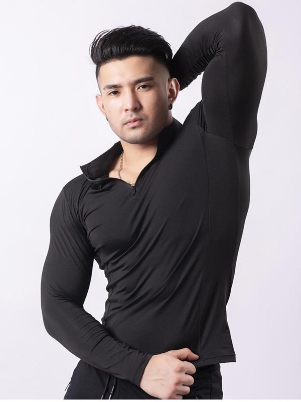 Men's Slim Fit Zip Stand Collar Compression Shirt, Quick Drying Long Sleeve Sauna T-shirt,  Summer Clothes Top for Athletic Running Gym Workout