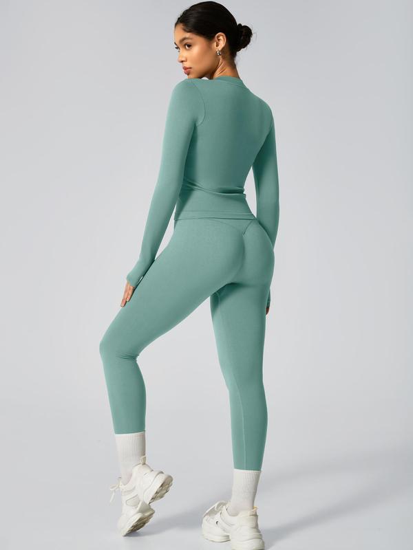 Women's Solid Zip Up Jacket & High Waist Leggings Tracksuit Set, Sporty Breathable Comfy Outfits for Yoga Gym Workout Running, Women Tracksuits for Fall & Winter