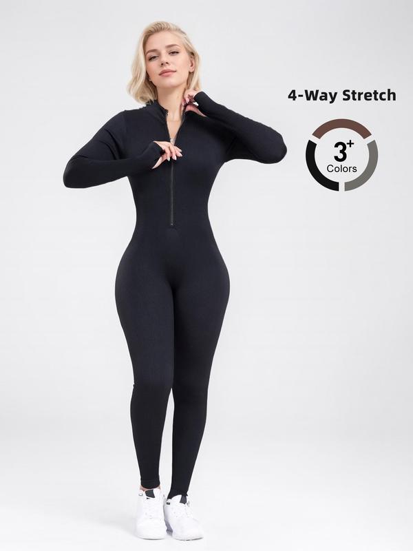 Women's Solid Zip Up Thumb Hole Sports Jumpsuit, Casual Comfy Long Sleeve Jumpsuit for Yoga Gym Workout, Ladies Sportswear for All Seasons