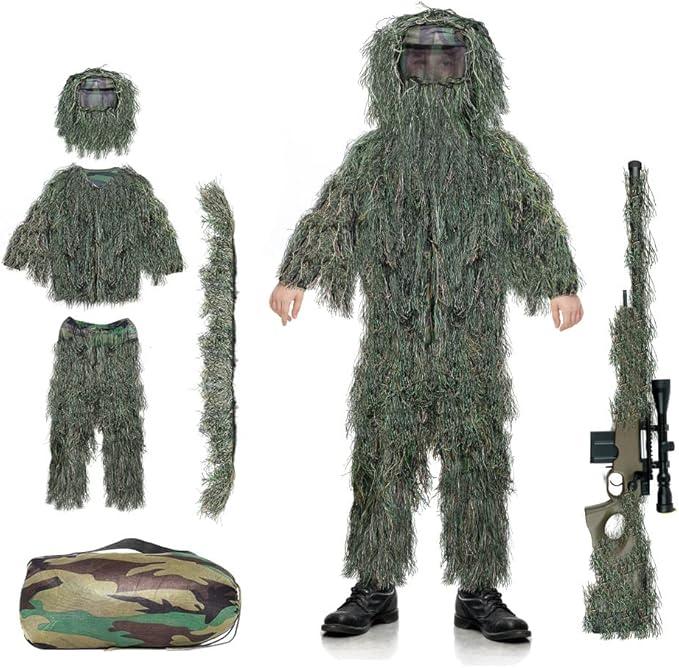 5in1 Kids Ghillie Suit, 3D Kid Camo Hunting Clothes Youth