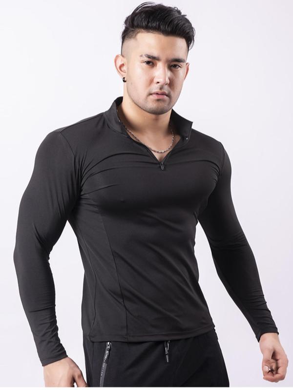 Men's Slim Fit Zip Stand Collar Compression Shirt, Quick Drying Long Sleeve Sauna T-shirt,  Summer Clothes Top for Athletic Running Gym Workout