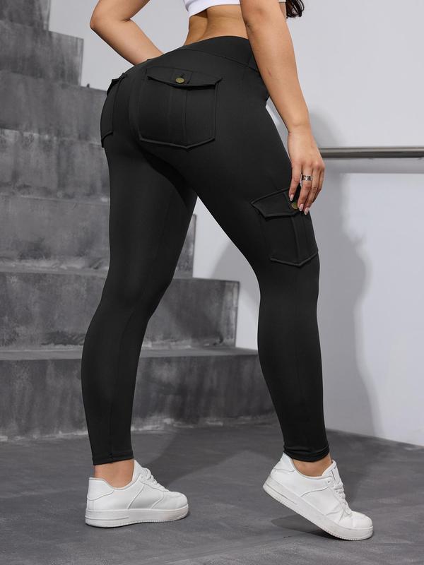 Women's Solid High Waist Pocket Sports Leggings, Sporty Comfy Breathable Skinny Pants for Yoga Gym Workout Running, Ladies Sportswear for All Seasons