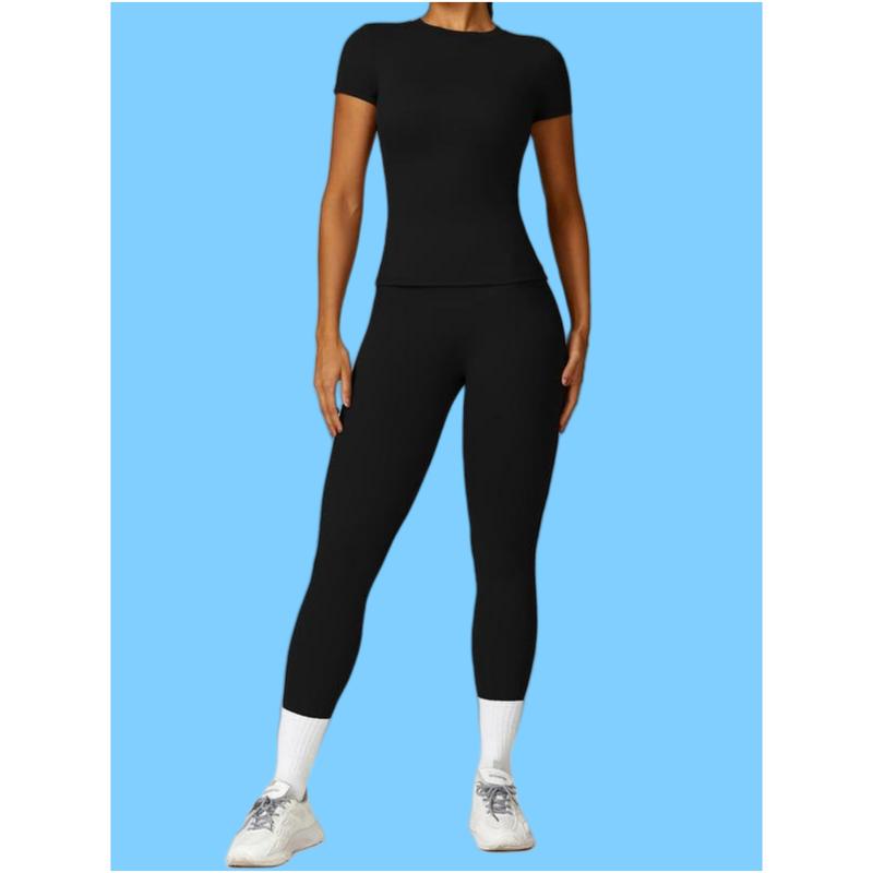 2 4 Counts Women's Solid Round Neck Tee & High Waist Leggings Tracksuit Set, Sporty Comfy T-shirt & Skinny Pants for Yoga Gym Workout, Women's Tracksuits, Fall Clothes Downtown Girl Outfit 12 26